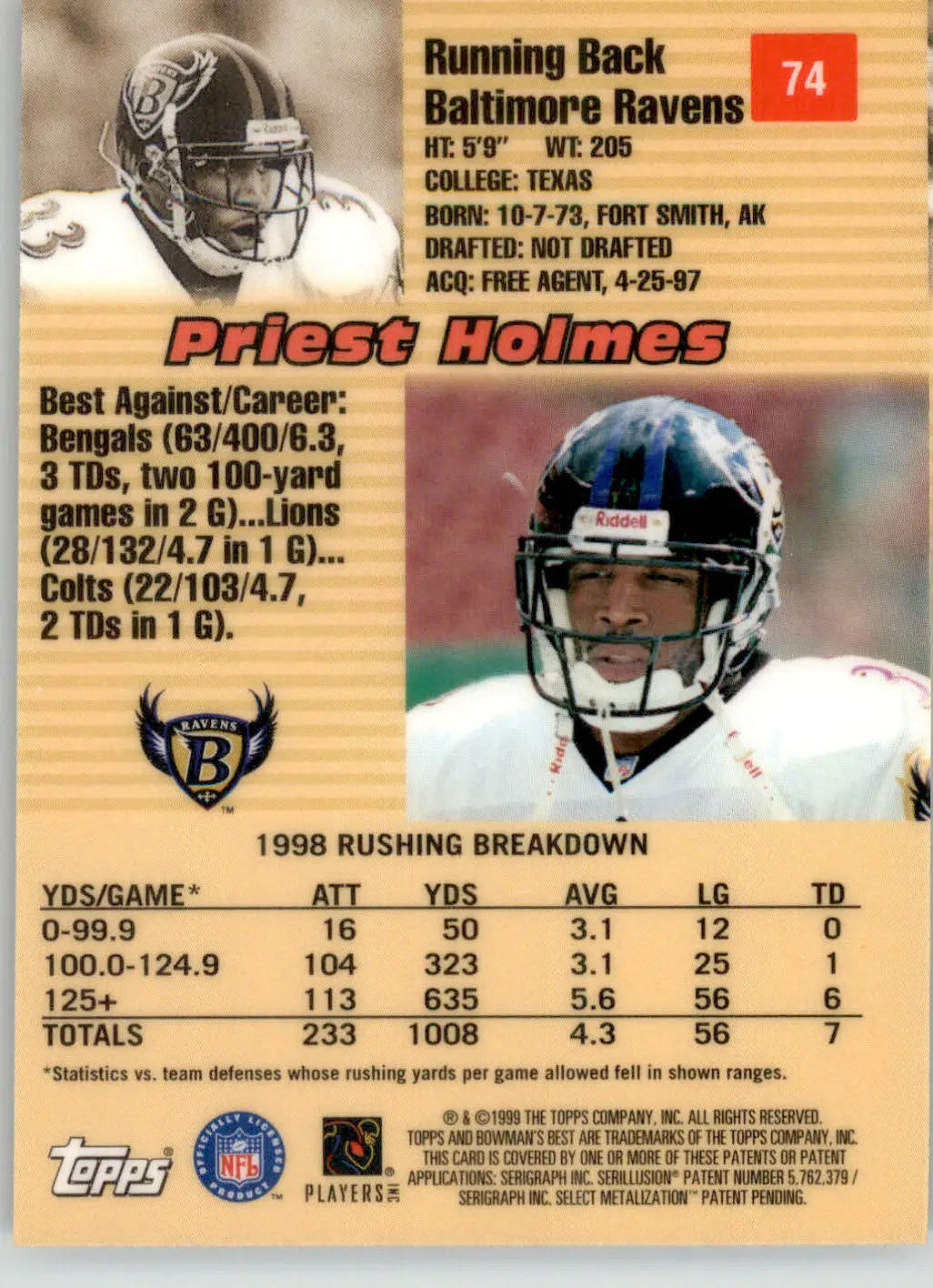 Priest Holmes - 1999 Bowman’s Best - #74 - Football