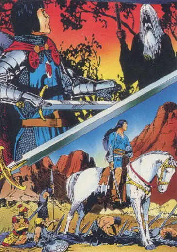 Split-panel illustration of a knight and cowboy for Prince Valiant promo card