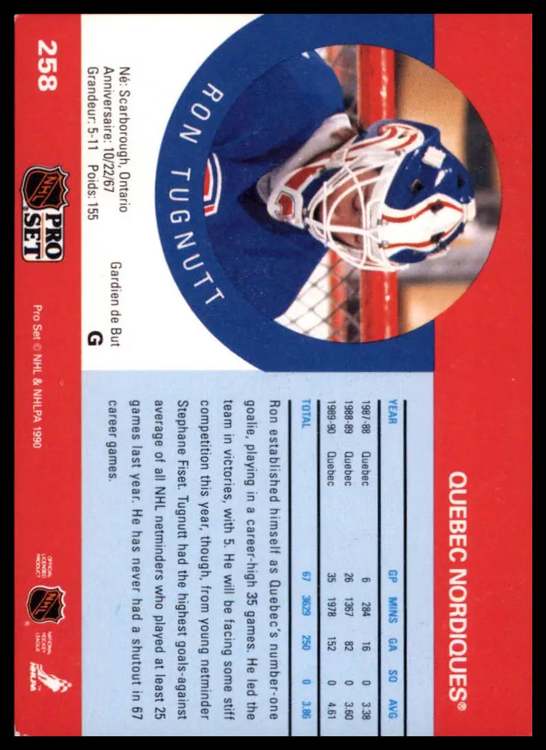 Pro Set Ron Tugnutt 258 Quebec Nordiques LP - Hockey Card Single