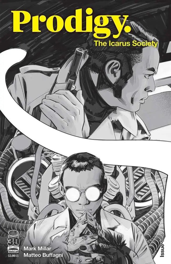 Comic book cover of Prodigy Icarus Society #1 showcasing Edison Crane in black and white