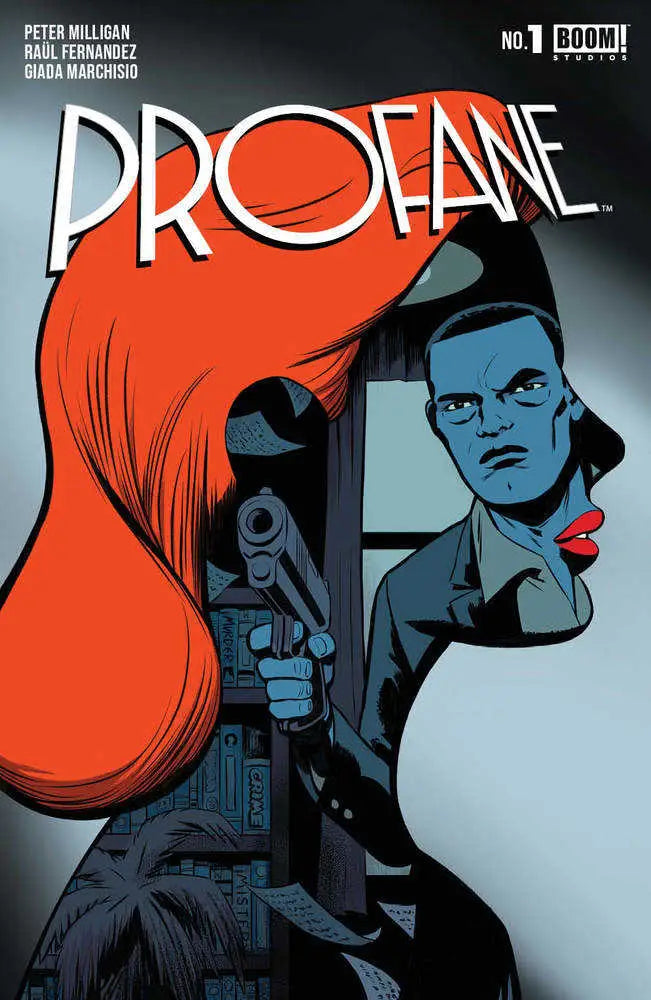 Noir-style comic book cover of Profane #1 with gun figure against blue background