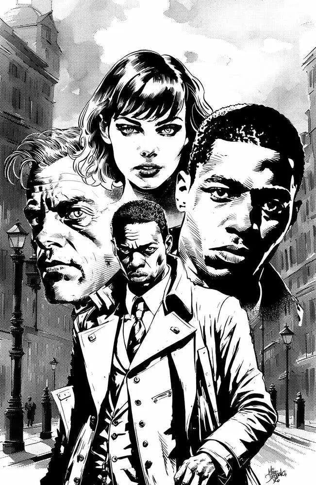 Dramatic noir style black and white illustration for Profane #1 trading cards