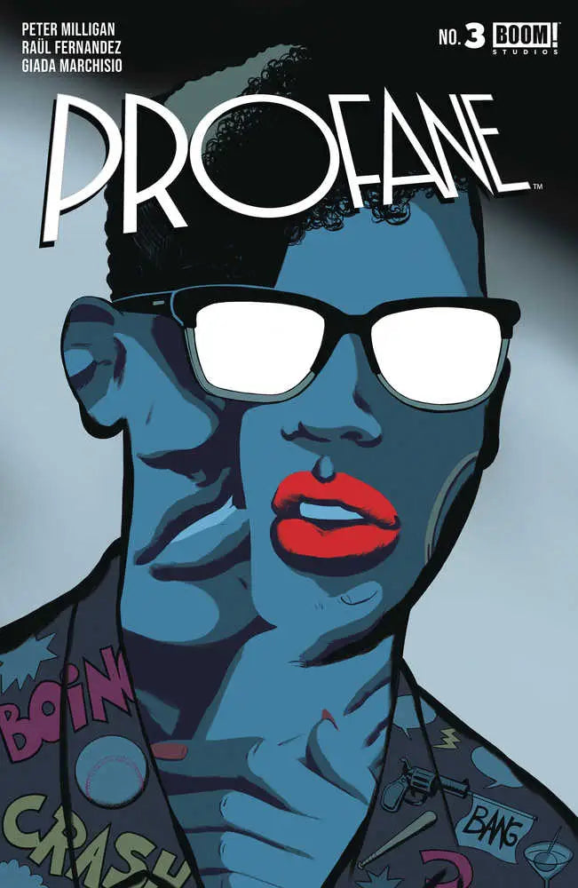 Comic book cover of Profane #3 featuring blue portrait, white glasses, and red lips