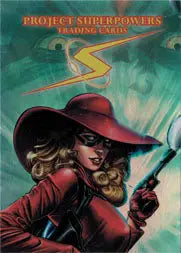 Stylized illustration of a woman in red hat with gun on Project Superpowers promo card