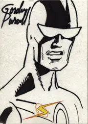 Stylized black and white superhero sketch card by Gordon Purcell featuring lightning bolt emblem