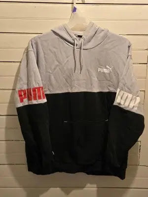 Puma Hoodie Mens XXL Gray Black Colorblock Pullover Logo Sleeve Kangaroo Pocket - Apparel