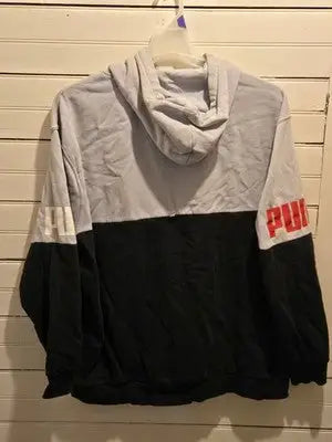 Puma Hoodie Mens XXL Gray Black Colorblock Pullover Logo Sleeve Kangaroo Pocket - Apparel