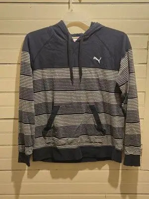 Puma Pullover Hoodie Mens M Navy White Striped Kangaroo Pocket Logo Sweatshirt - Apparel