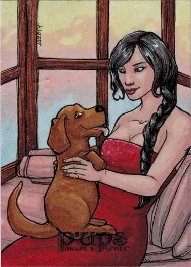Woman in a red dress with a brown dog on a sketch card from Pups trading cards series