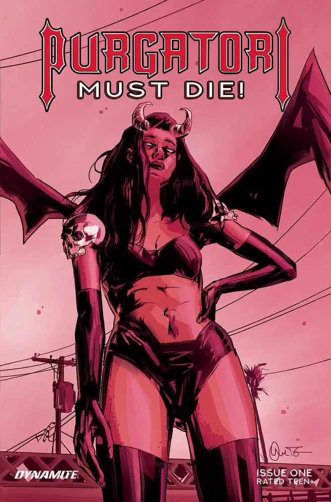 Demonic female with bat wings and skull on Purgatori Must Die comic book cover, trading cards