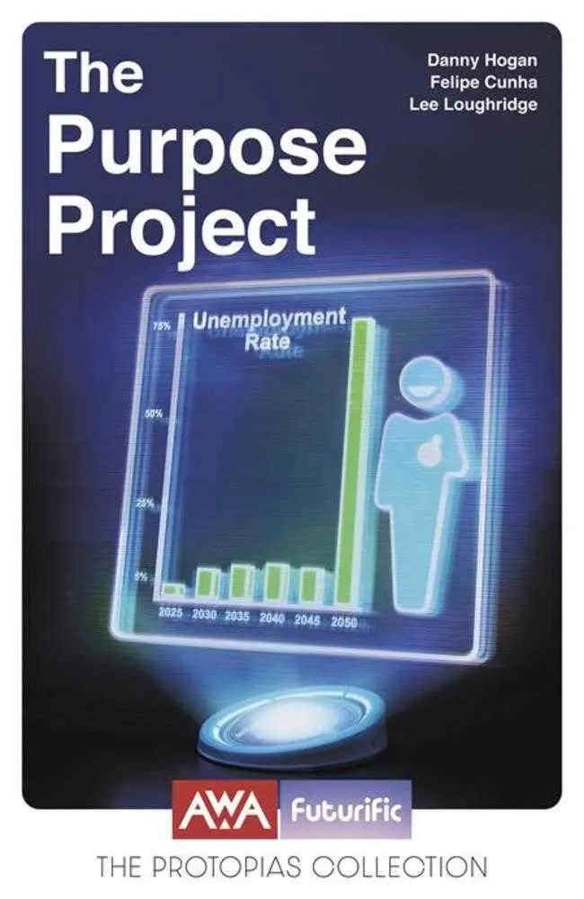 Book cover featuring a futuristic unemployment graph for Purpose Project workplace comedy