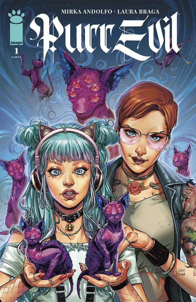 Comic book cover art for Purr Evil #1 with characters and purple demonic creatures