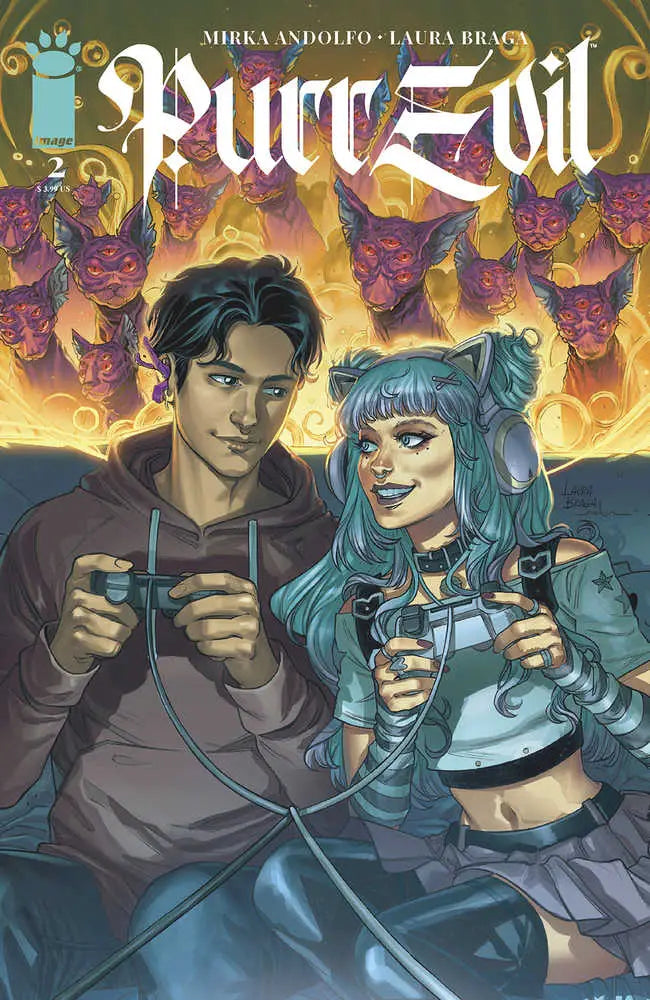 Comic book cover featuring gamers and Pure/Evil text for Purr Evil #2 trading cards
