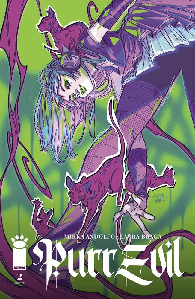 Comic book cover of Purr Evil #2 featuring an anime character in purple attire