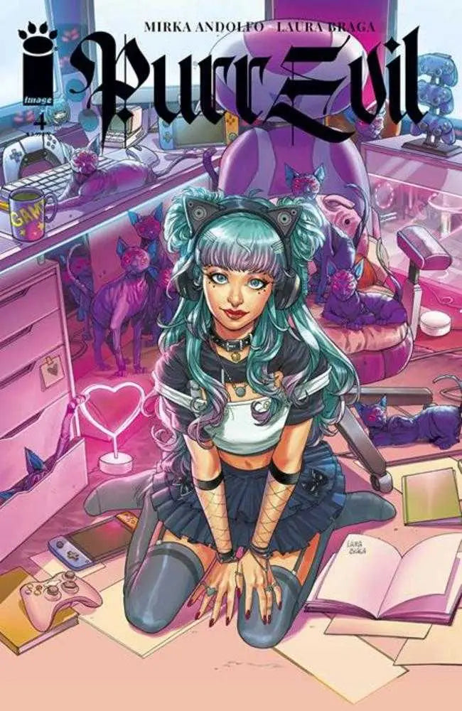Comic book cover of Purr Evil #4 featuring anime character with teal hair and gothic outfit