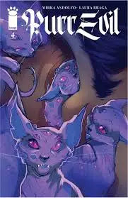 Comic book cover of Purr Evil #4 showing purple bats with glowing eyes, perfect for fans of trading cards