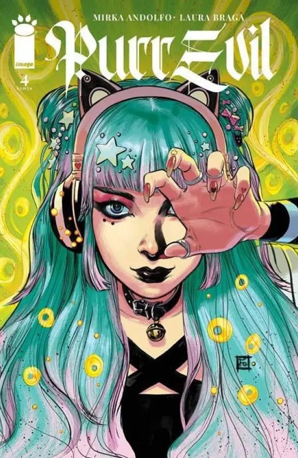 Comic book cover of Purr Evil #4 featuring teal-haired character with cat ear headphones