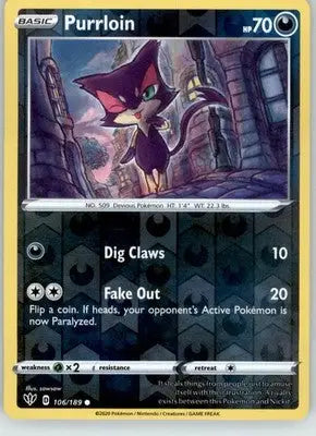 Purrloin - Darkness Ablaze - 106/189 - Reverse Holo LP Pokemon - Pokémon Card Single