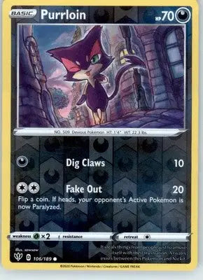 Purrloin - SWSH03: Darkness Ablaze - 106/189 - Reverse Holo LP - Pokémon Card Single