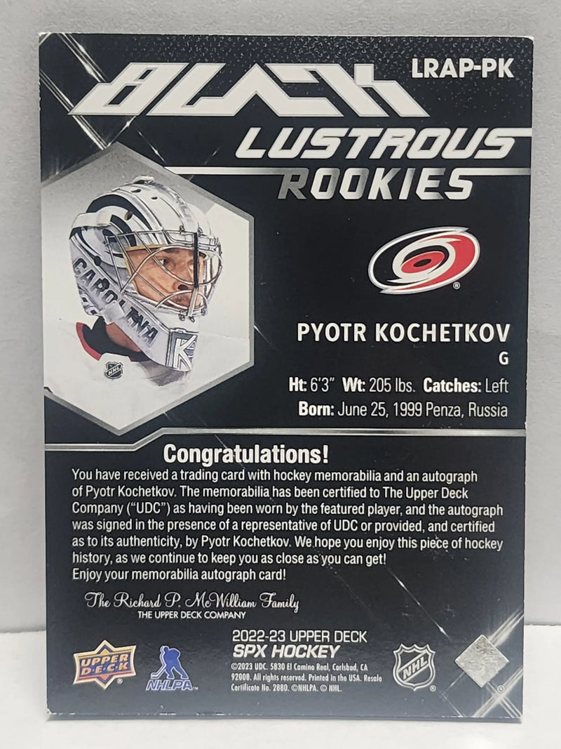 Pyotr Kochetkov 2022 Upper Deck SPX Black Lustrous Rookie Patch Auto #9/125 - Hockey Card Single