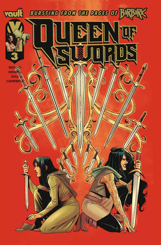 Comic book cover for Queen of Swords featuring two figures and ornate swords illustration