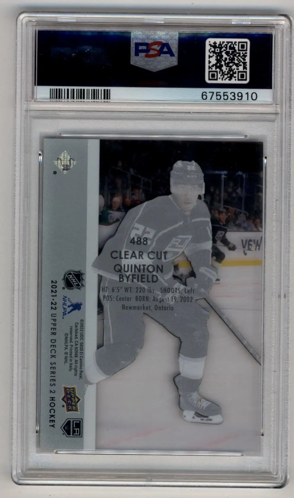 Quinton Byfield 2021-22 Upper Deck Clear Cut #488 PSA 9 Mint - Hockey Card Single