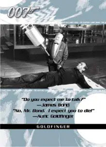 Black and white movie still of dramatic confrontation on Quotable 007 James Bond Promo Card