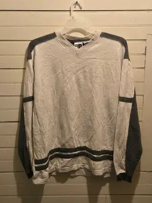 R&Y Sport Sweatshirt Mens L White Gray VNeck Striped Hem Long Sleeve Cotton - Apparel