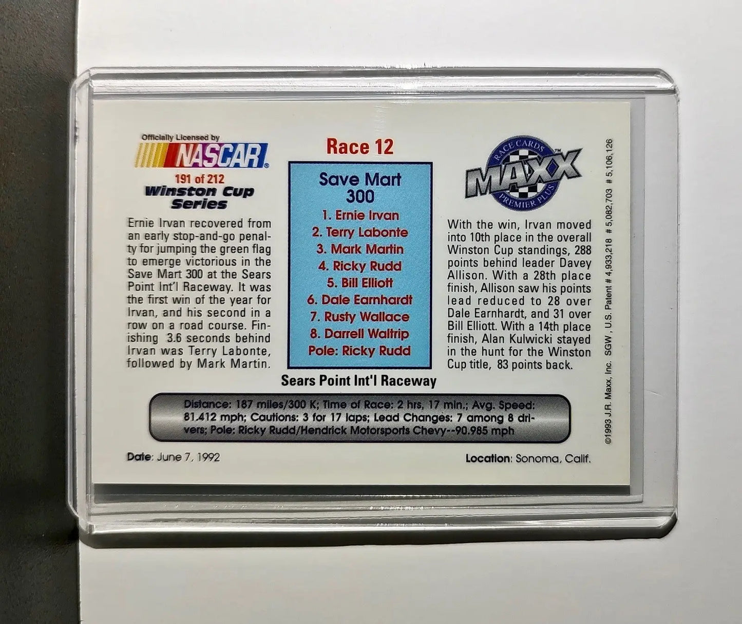 Race 12 Sears Point YR 1993 Maxx Premier Plus Racing #191 NASCAR Card