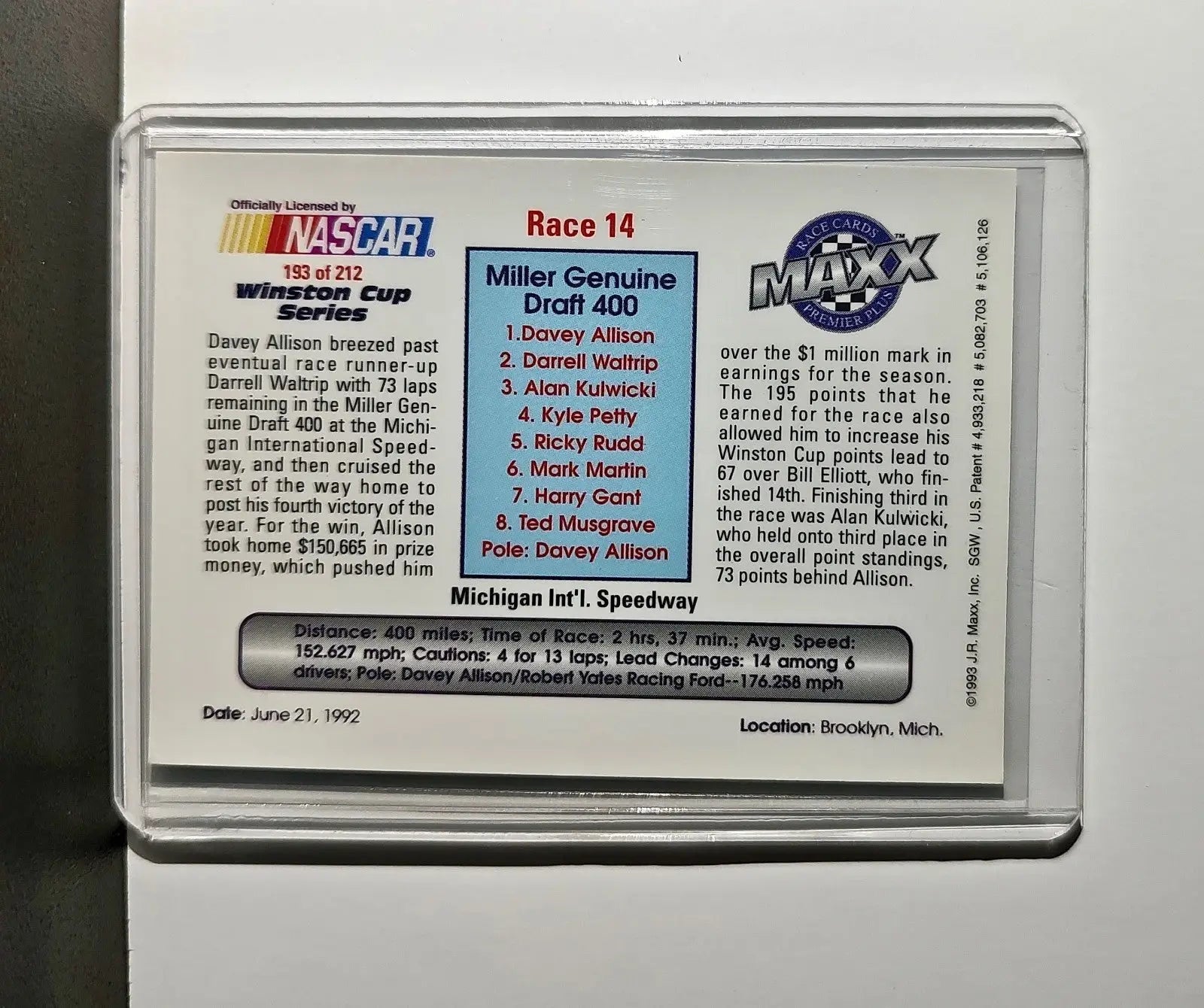 Race 14 Michigan YR 1993 Maxx Premier Plus Racing #193 NASCAR Card Robert Yates - Racing Card Single