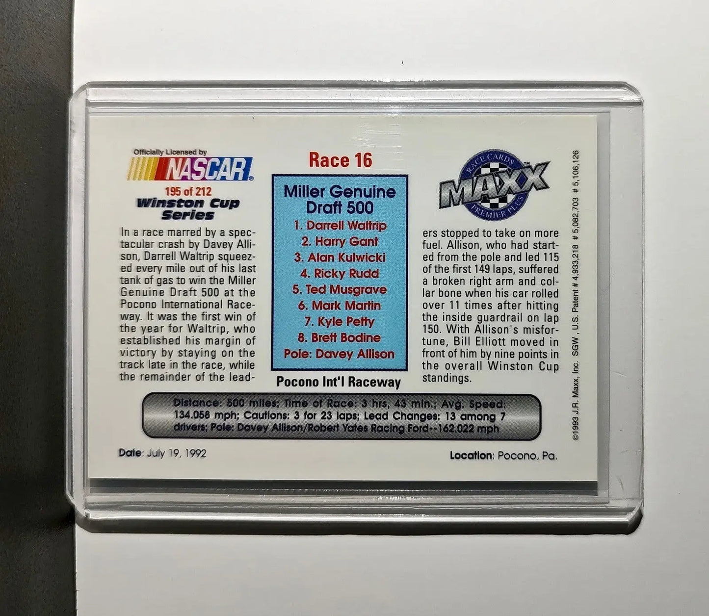 Race 16 Pocono YR 1993 Maxx Premier Plus Racing #195 NASCAR Card DARWAL Inc.