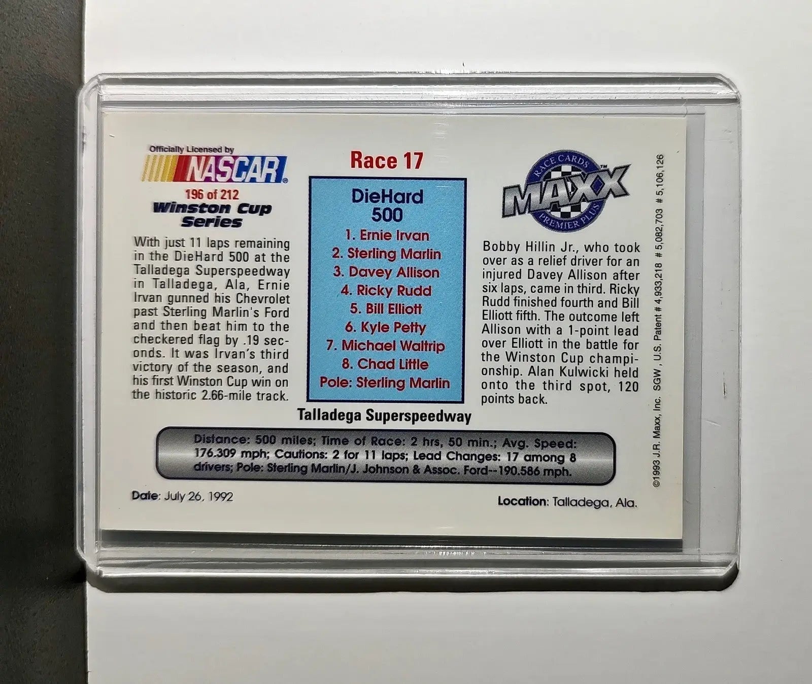 Race 17 Talladega YR 1993 Maxx Premier Plus Racing #196 NASCAR Card