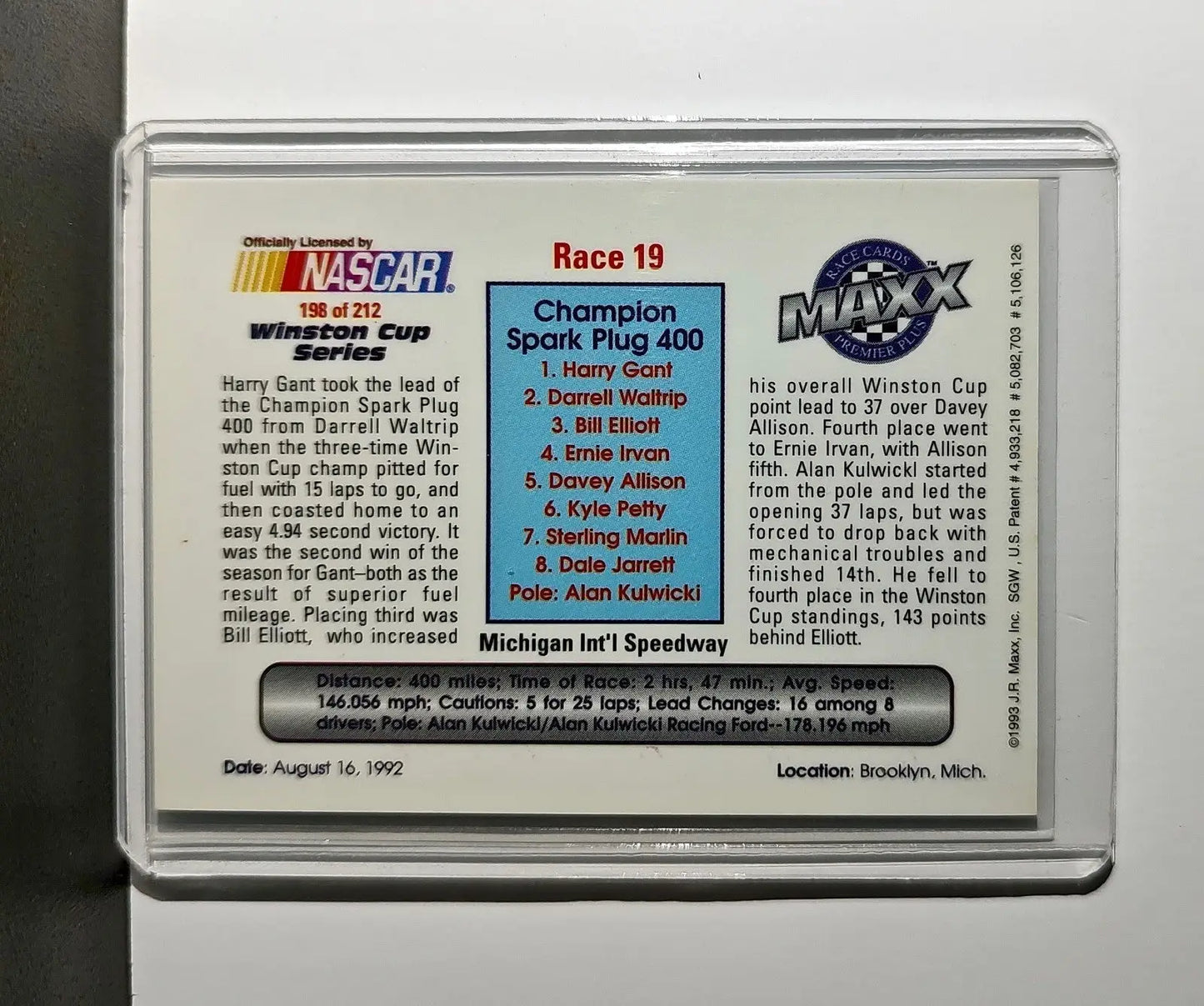 Race 19 Michigan YR 1993 Maxx Premier Plus Racing #198 NASCAR Card - Racing Card Single