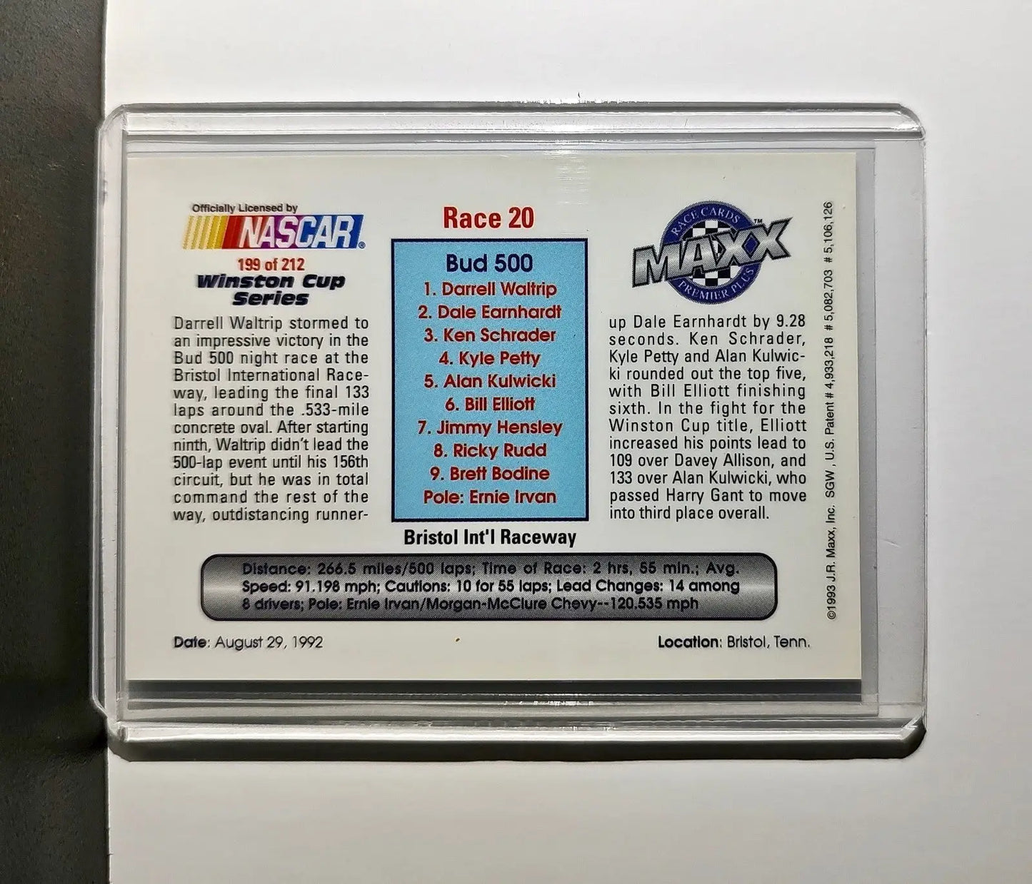 Race 20 Bristol YR 1993 Maxx Premier Plus Racing #199 NASCAR Card DARWAL Inc. - Racing Card Single