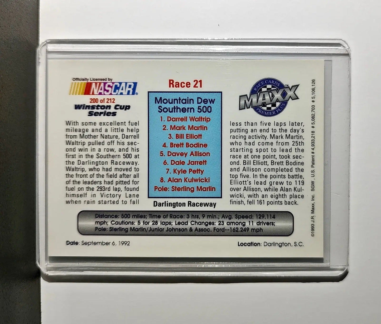 Race 21 Darlington YR 1993 Maxx Premier Plus Racing #200 NASCAR Card DARWAL Inc. - Racing Card Single