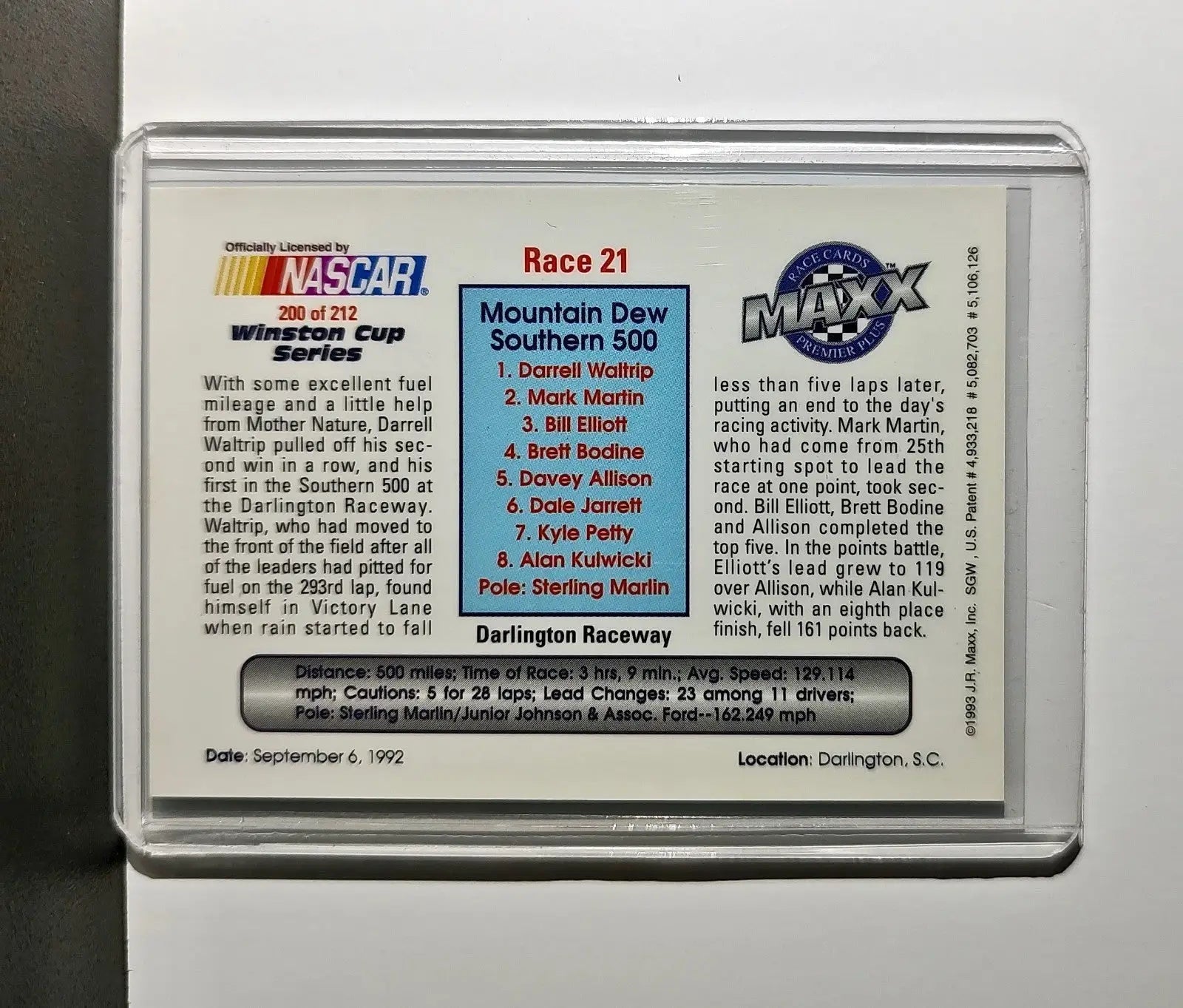 Race 21 Darlington YR 1993 Maxx Premier Plus Racing #200 NASCAR Card DARWAL Inc. - Racing Card Single