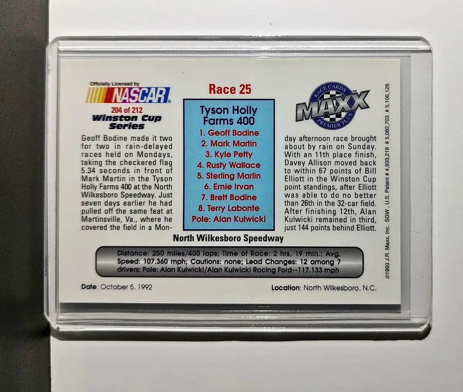 Race 25 North Wilkesboro YR 1993 Maxx Premier Plus Racing #204 NASCAR Card - Racing Card Single