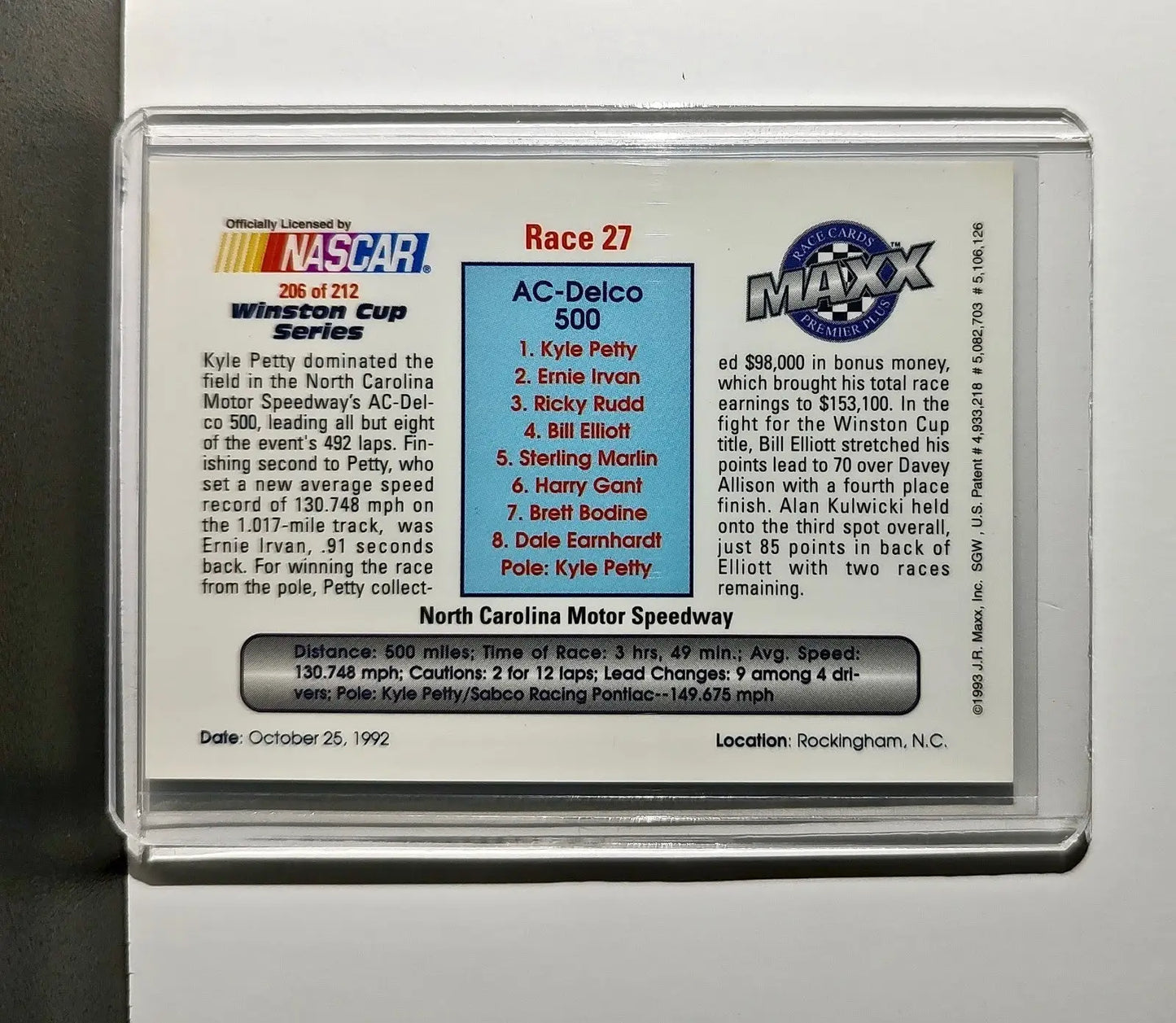 Race 27 Rockingham YR 1993 Maxx Premier Plus Racing #206 NASCAR SABCO Racing