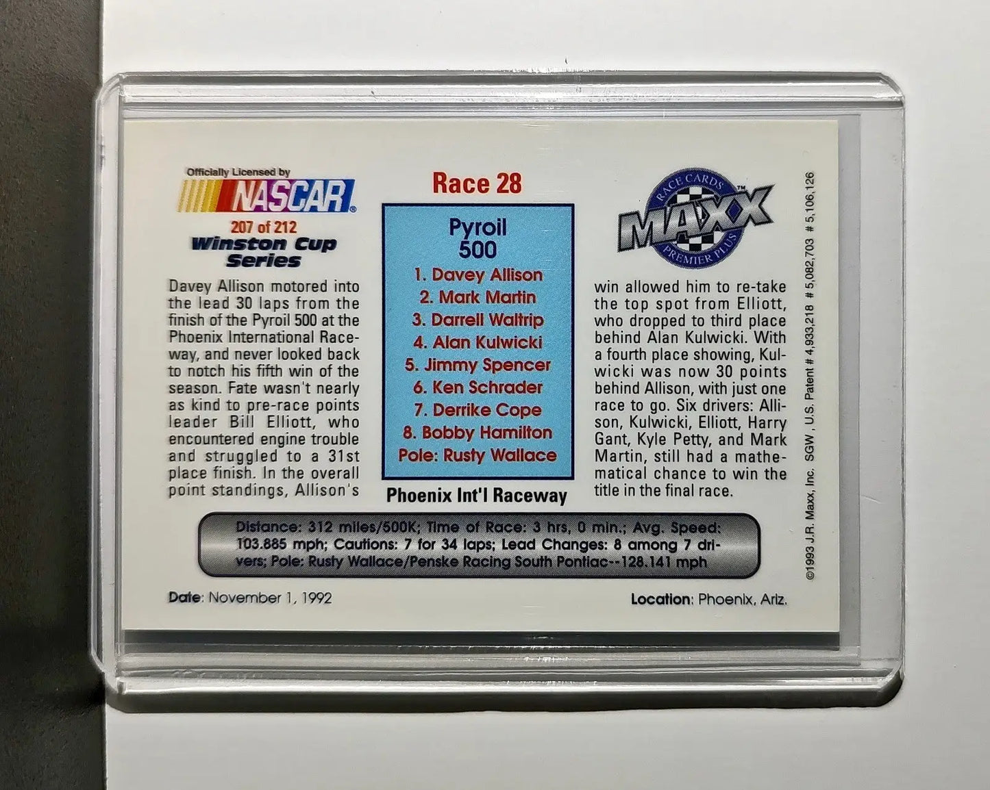 Race 28 Phoenix YR 1993 Maxx Premier Plus Racing #207 NASCAR Card Robert Yates
