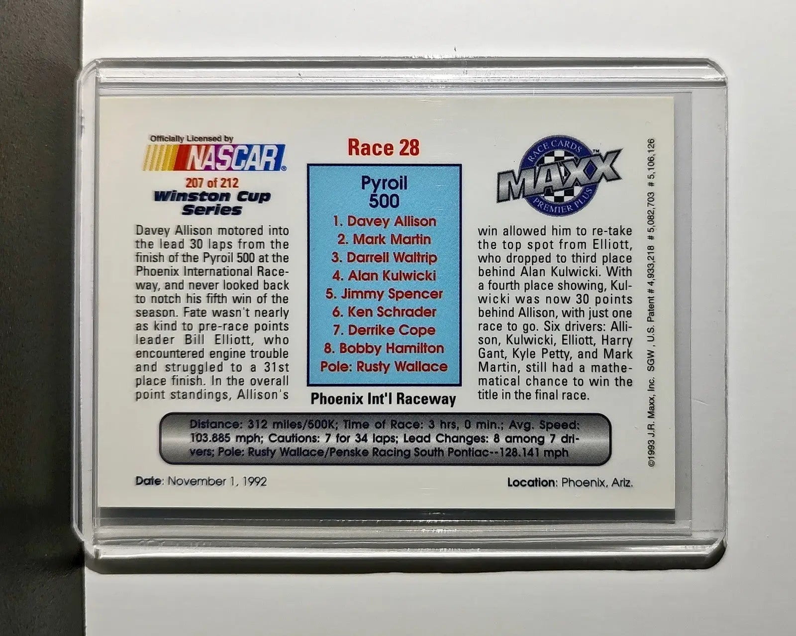 Race 28 Phoenix YR 1993 Maxx Premier Plus Racing #207 NASCAR Card Robert Yates