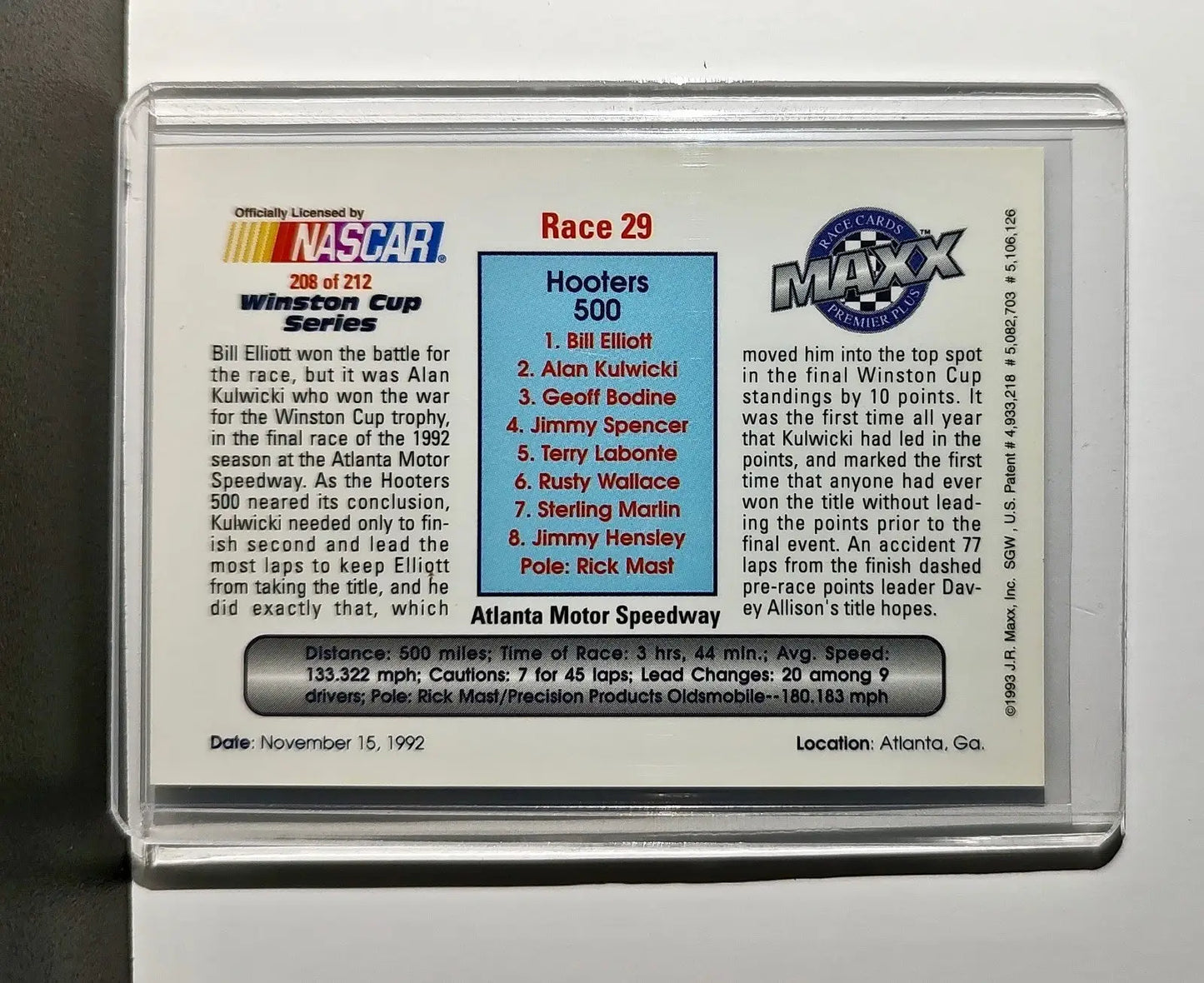 Race 29 Atlanta YR 1993 Maxx Premier Plus Racing #208 NASCAR Card Junior Johnson - Racing Card Single