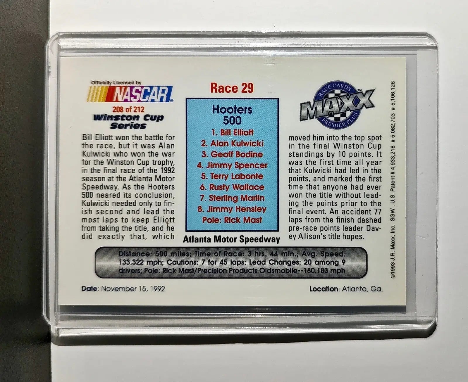 Race 29 Atlanta YR 1993 Maxx Premier Plus Racing #208 NASCAR Card Junior Johnson - Racing Card Single