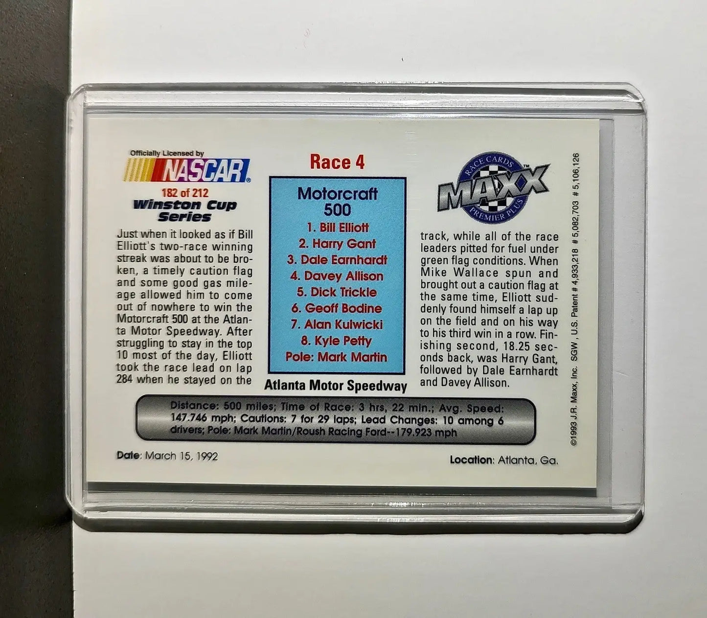 Race 4 Atlanta YR 1993 Maxx Premier Plus Racing #182 NASCAR Card Junior Johnson
