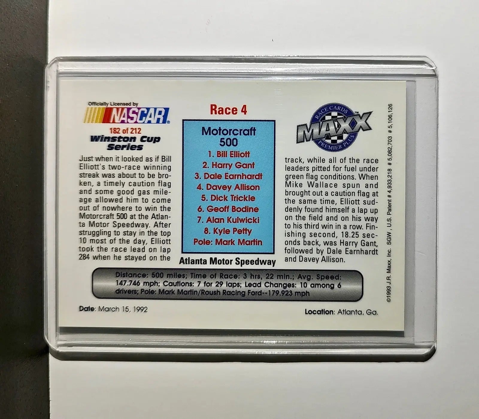 Race 4 Atlanta YR 1993 Maxx Premier Plus Racing #182 NASCAR Card Junior Johnson