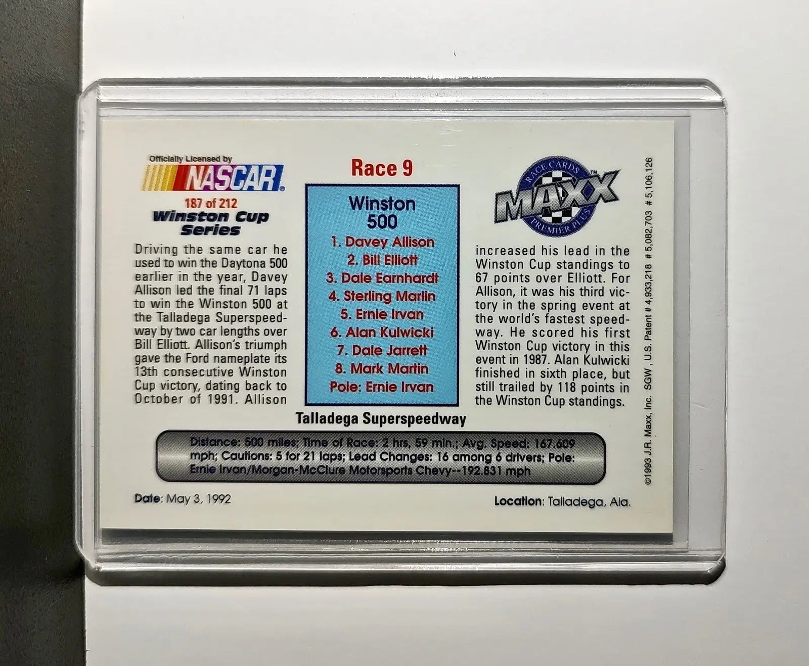 Race 9 Talledega YR 1993 Maxx Premier Plus Racing #187 NASCAR Card Robert Yates