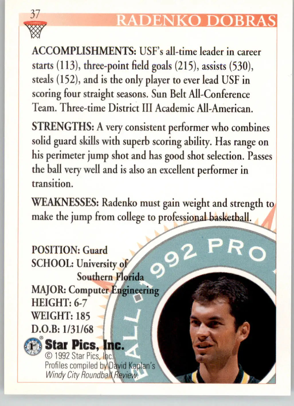 Radenko Dobras - 1992 Star Pics - #37 - Basketball - Basketball Card Single
