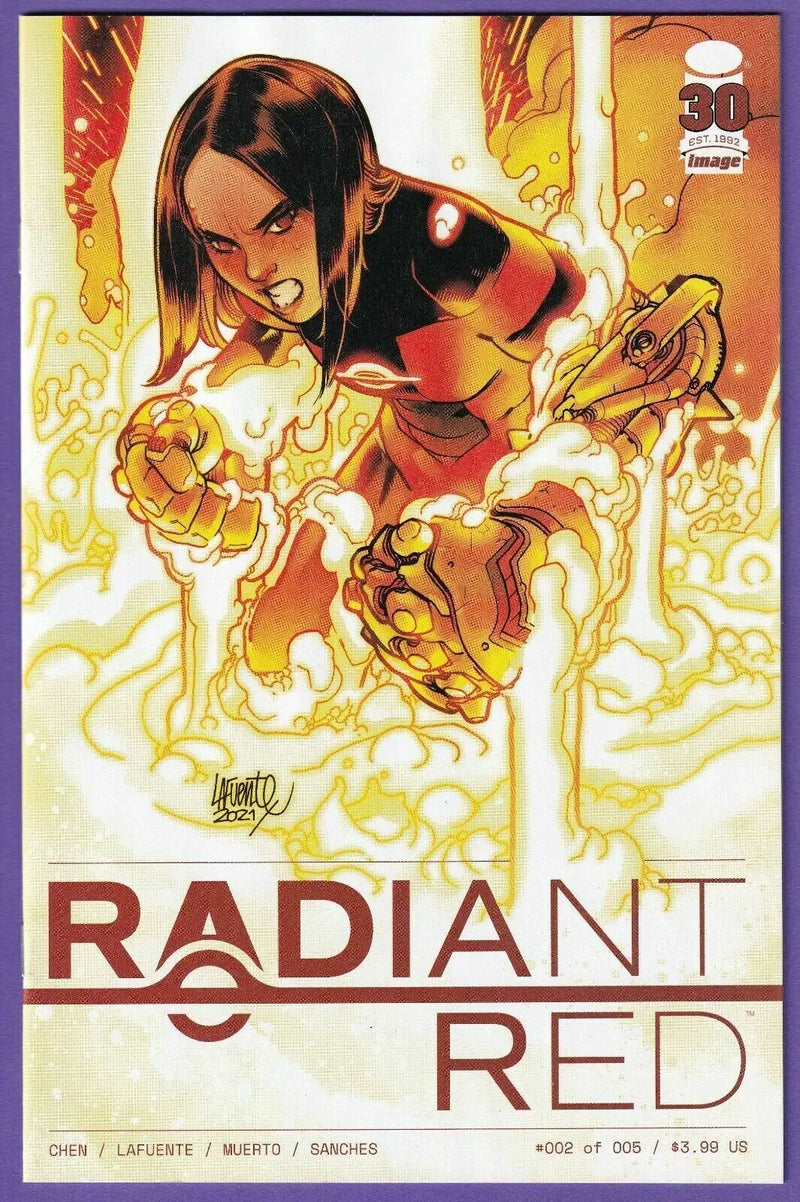 Comic book cover of Radiant Red #2 featuring a woman with glowing hands and fiery energy