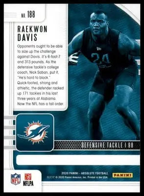 Raekwon Davis Rookie 2020 Panini Absolute Retail #188 Miami Dolphins