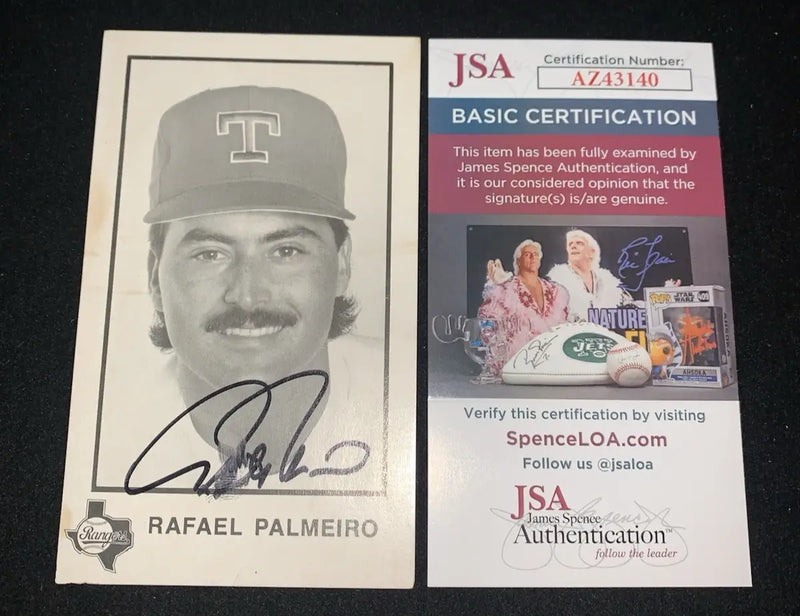 Autographed Rafael Palmeiro Texas Rangers 3x5 team issue baseball card with JSA certification