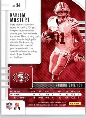 Raheem Mostert - 2020 Panini Absolute - #94 - Red Football - Football Card Single